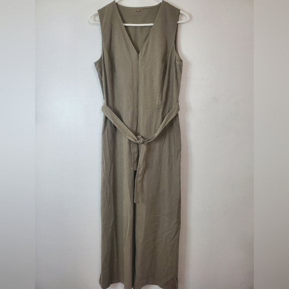 Tahari Linen Blend Jumpsuit Cropped Pants Tie Waist Tank Top Utility Minimalist - Picture 1 of 11